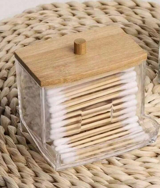 1pc Acrylic Cotton Swab Holder with Bamboo Lid