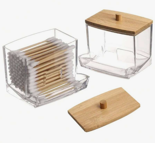 1pc Acrylic Cotton Swab Holder with Bamboo Lid