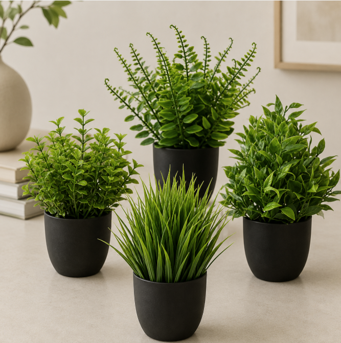 3 to 4pcs Black Faux Mini Planters with Artificial Plants