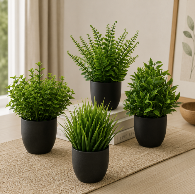 3 to 4pcs Black Faux Mini Planters with Artificial Plants