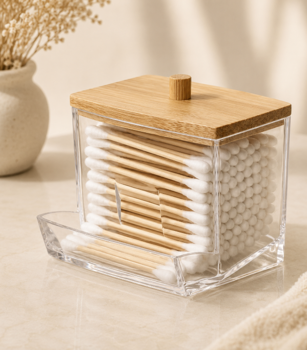 1pc Acrylic Cotton Swab Holder with Bamboo Lid