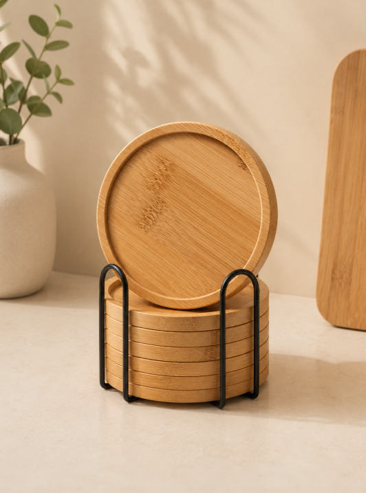 6pcs Bamboo Coaster Set with Holder